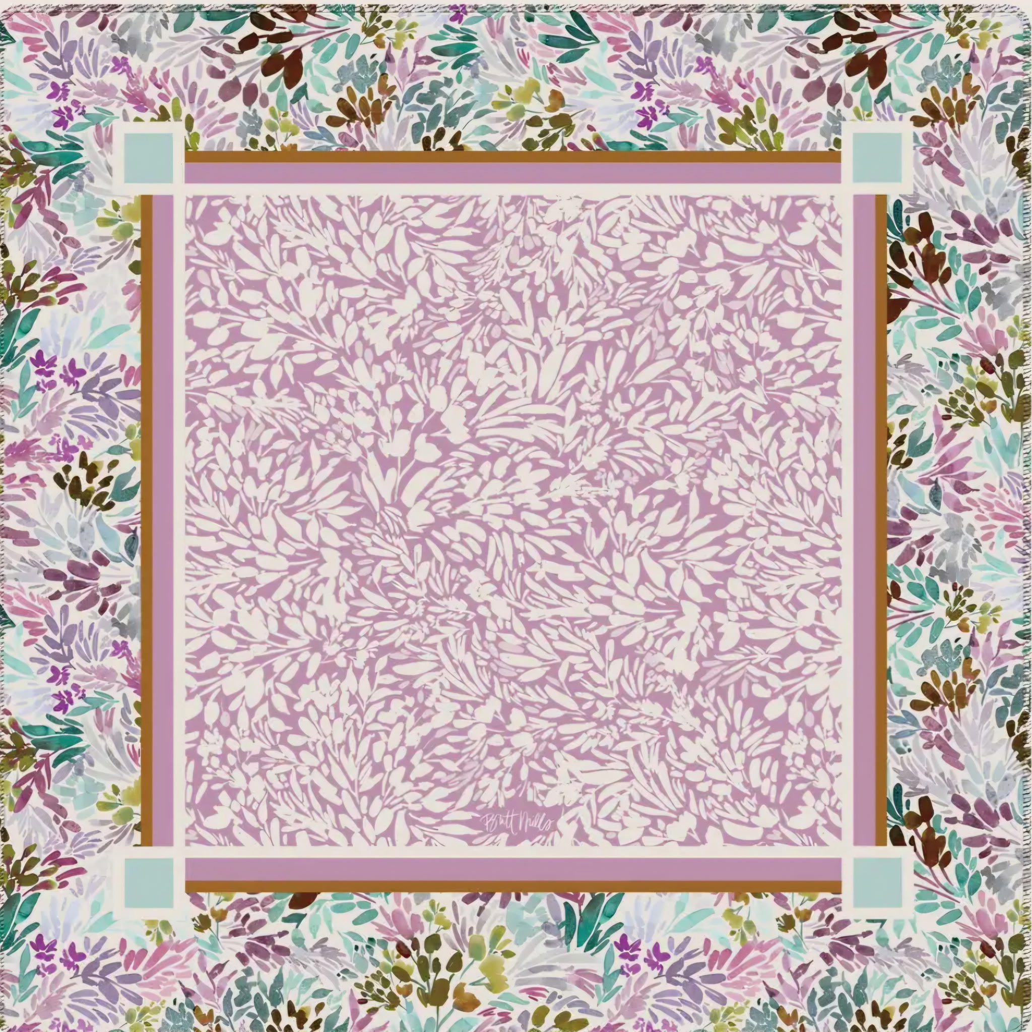 Lavender Mahjong mat with a pale leaf pattern, striped frame, and pastel botanical border