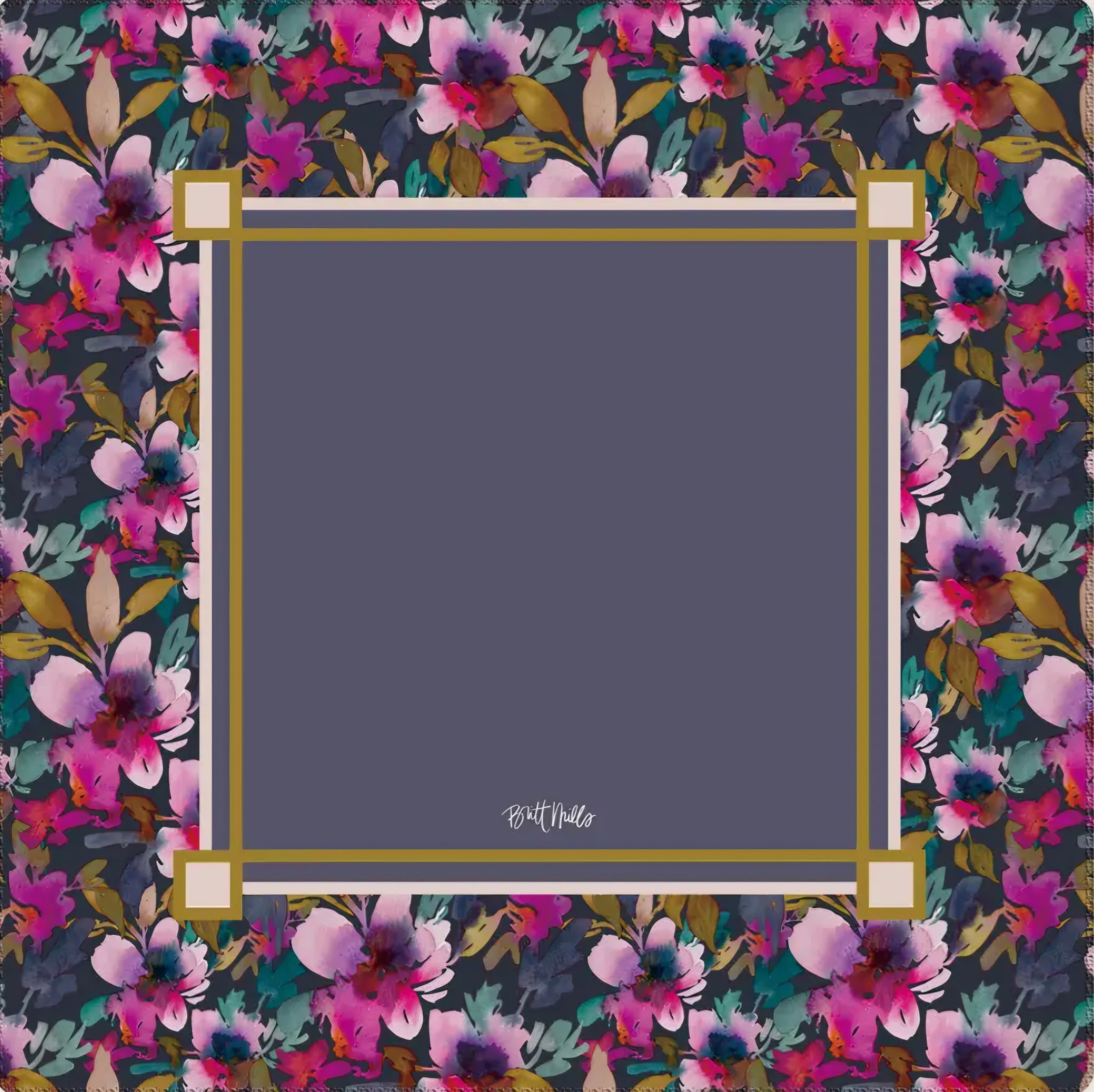 Dark floral Mahjong mat with vivid pink, teal, and gold flowers surrounding a slate-gray playing field